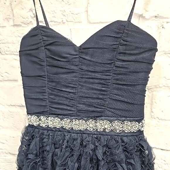 Navy Blue Ruched Dress Silver Rhinestone Studded Rosette Lace Prom Hoco Dance - Picture 2 of 13